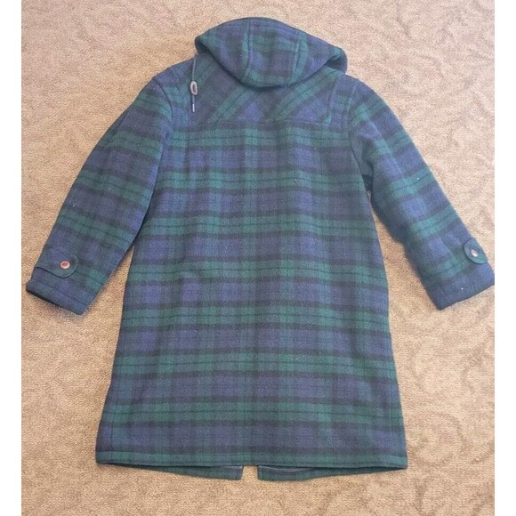 Vintage 80s LL Bean Duffle Over Coat WOOL Women's size Large Blue Green Plaid - Picture 6 of 7